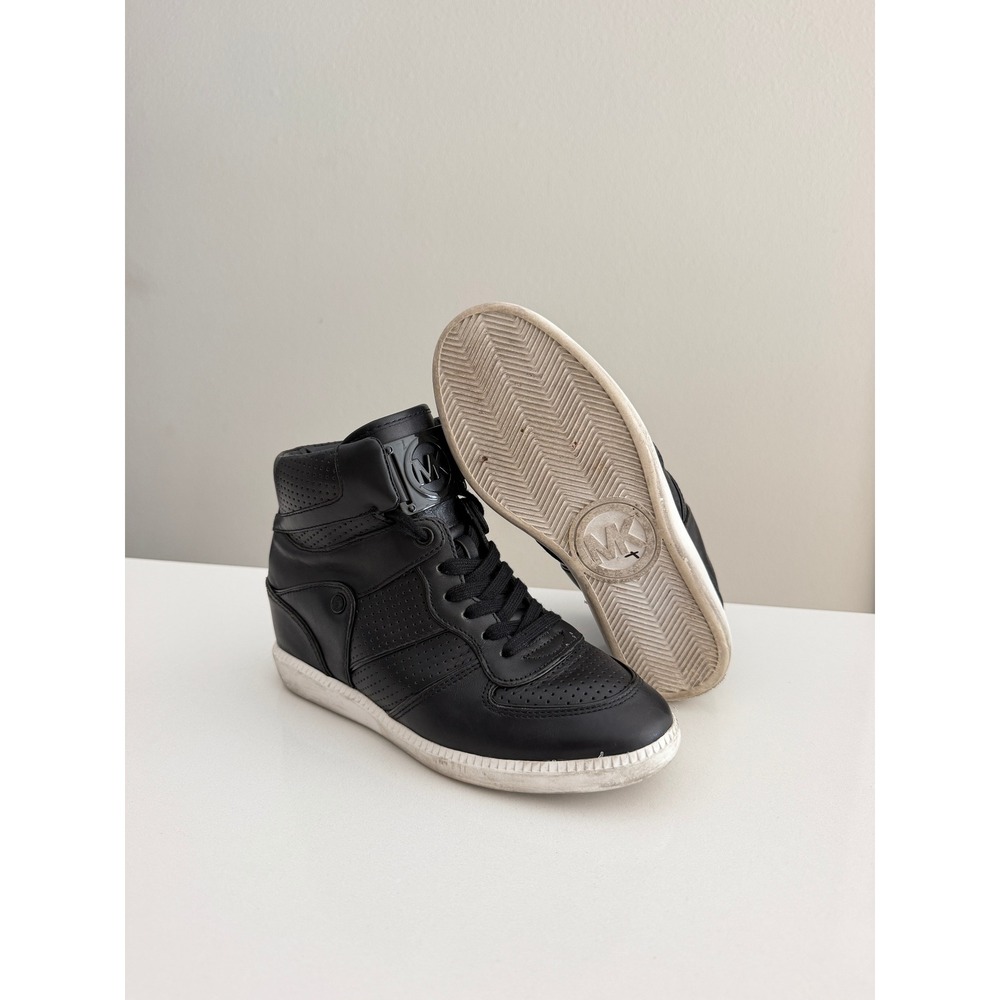 Michael Kors High Top Wedge Sneakers Womens 7.5 Black Leather Perforated HL15K